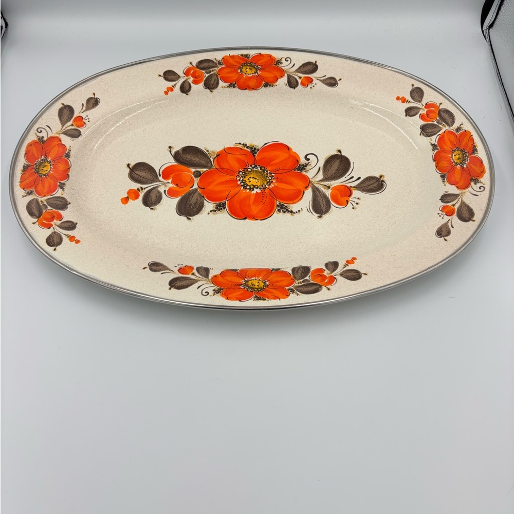 Vintage Enamelware Floral Oval Serving Platter
